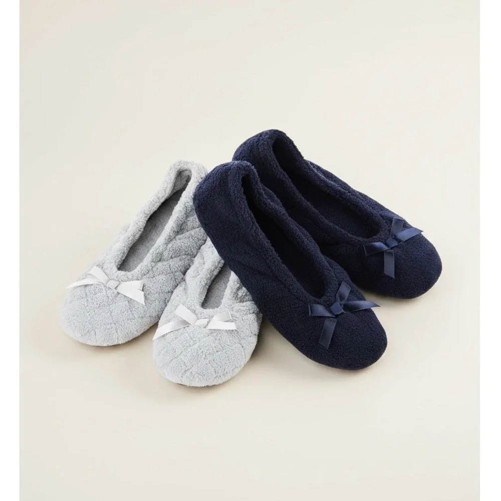 Isotoner Womens 2 Pack Microterry Ballerina Slippers Grey Quilted Navy Blue XL - Picture 1 of 6